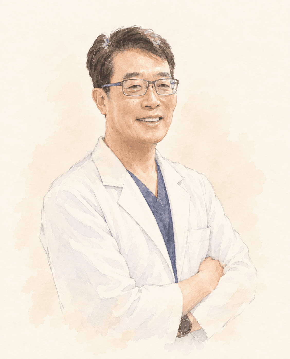 흰 가운을 입고 팔짱을 낀 채 미소 짓는 김철환 원장의 수채화 초상